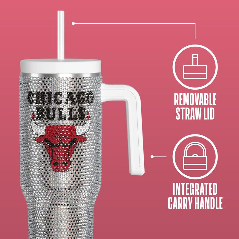 Hydrapeak x NBA Officially Licensed Chicago Bulls Voyager 40 oz Stainless Steel Bling Tumbler with Handle, Insulated Rhinestone Water Bottle With Straw & Lid, Includes Gift Box - Image 3